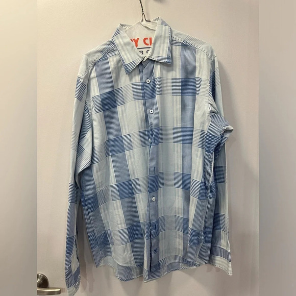 Bugatchi Men’s XL LS Dress Shirt - 100% cotton Blue/White Plaid Pattern - Picture 1 of 8
